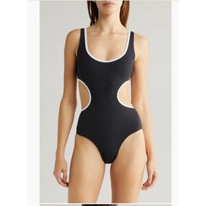 Solid & Striped The Sarah One Piece Swimsuit Black White Ribbed Cutout